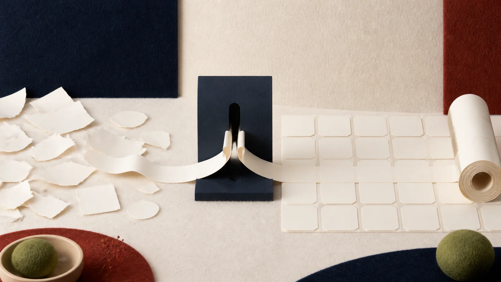 Loose paper fragments pass through a sculptural guide and become an ordered field of blank labels.