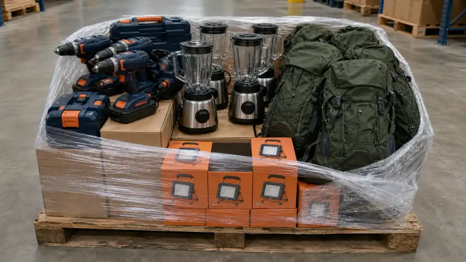 Mixed warehouse pallet with cordless drills, countertop blenders, green hiking daypacks, and orange work-light cartons