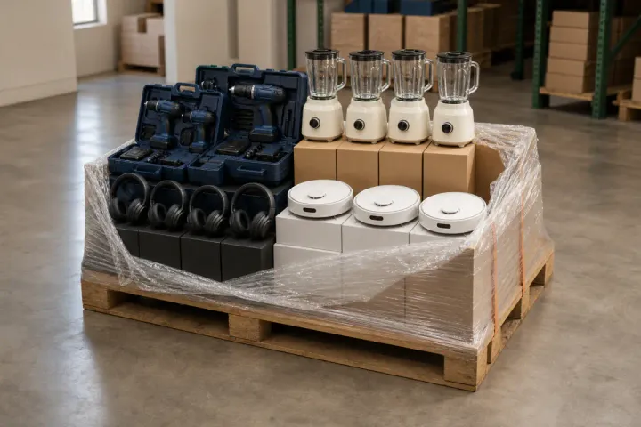 Unbranded mixed retail pallet with drill kits, countertop blenders, headphones, and robot vacuums in a warehouse